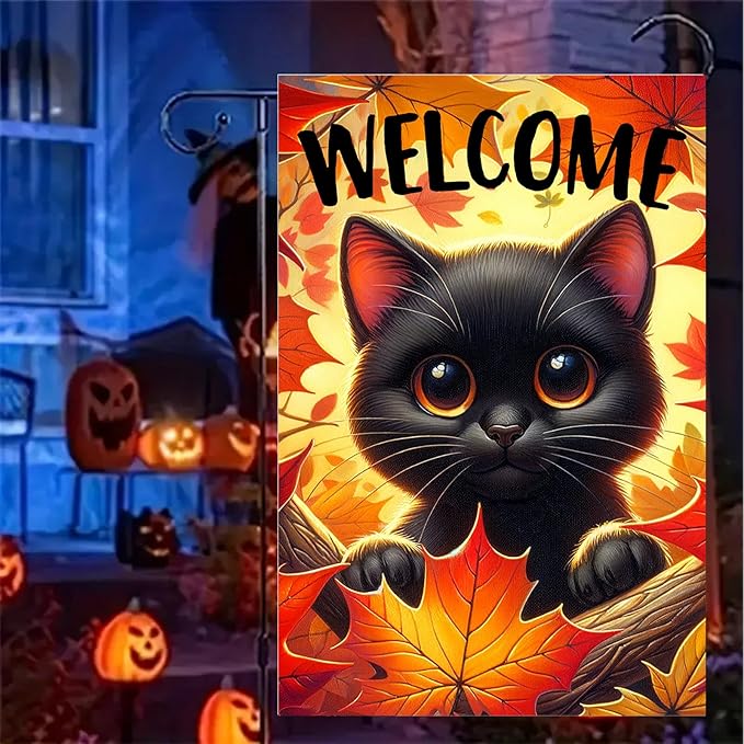 Halloween Outdoor Garden Flag 12x18 Inch Black Cat Ghost and Pumpkin Set Illustration Double Sided Fall Everyday Flag for Cute Halloween Yard Display Outdoor Yard Porch Decoration