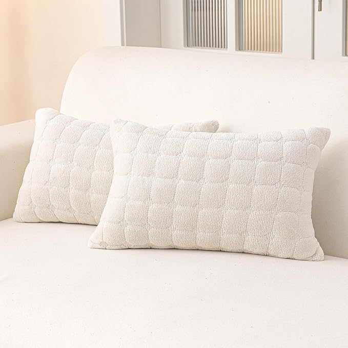 Velvet Throw Pillow Covers(Pack of Two, Beige White) 12×20 Inch Decorative Pillows Cover Neutral Soft Chenille Couch Pillows with Zipper Aesthetic for Living Room and Bedroom