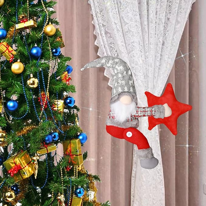 Christmas Tree Topper Gnome Decorations with Lights,21.7 Inches Handmade Embrace Christmas Tree Gnome with Lighted Star，Christmas Home Decor Curtain Tie Wine Bottle Decoration（Grey hat）