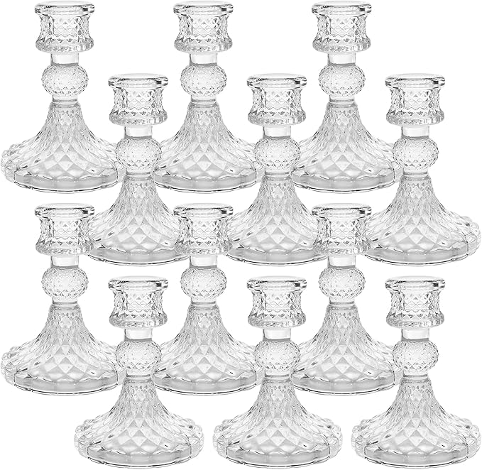 Candlestick Holders Set of 12-4" H Crystal Taper Candle Holders, Thick Glass Candle Stand with Diamond Pattern for Table, Wedding, Party, Church Decoration, Home Decor