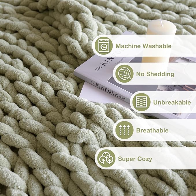 Soft Chunky Knit Blanket, 50X60 Inch Handmade Thick Chenille Yarn Throw Without Shedding & Raveling, Aesthetic & Cozy Home Decor with Couch Sofa Bed, Gift Pack, Sage Green