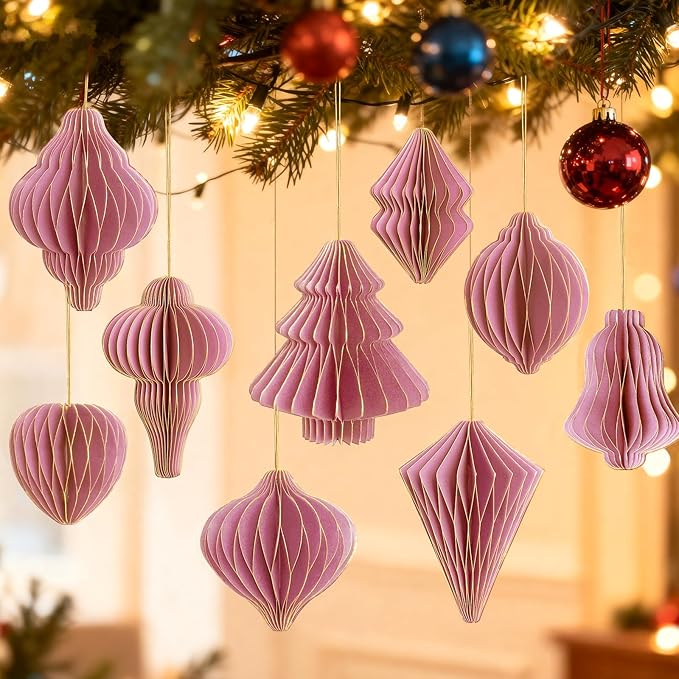 12Pcs Pink Paper Christmas Party Decorations, 3D Honeycomb Paper Hanging Ornaments with Glitter, Finial Honeycomb Lantern Lovely Ornaments for Christmas Trees Winter Wonderland Party