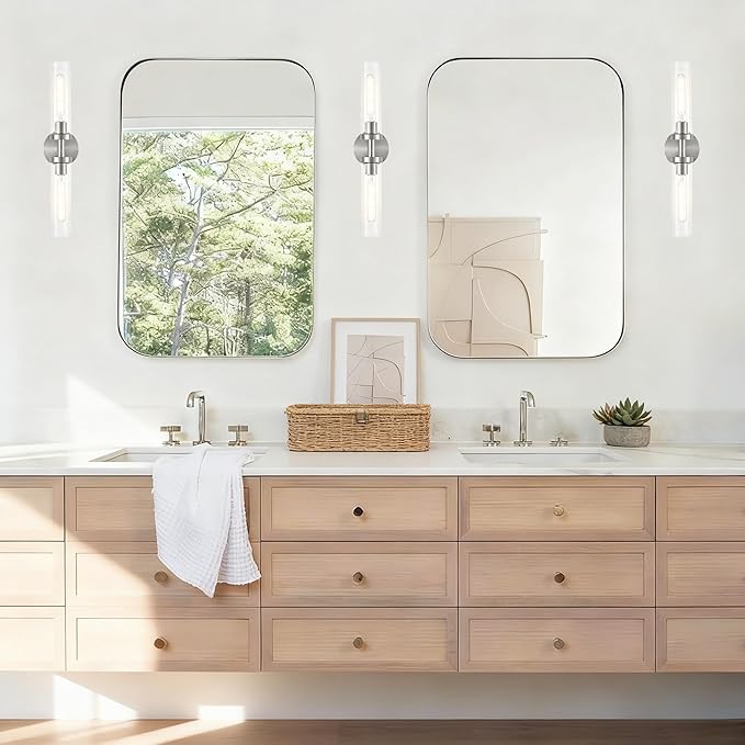 AT-VALY Wall Sconces Set of Two,Vanity Light Fixtures with Clear Glass,Modern Sconces Wall Decor for Bathroom, Living Room Mirror (Brushed Nickel)