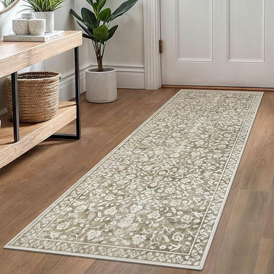 Vintage Washable Runner Rug 2x6, Beige Taupe Runners for hallways, Super Soft Neutral Kitchen Runner Rug Non Slip, Print Faux Wool Floral Thin Carpet Runner for Entryway Laundry Room Bedroom