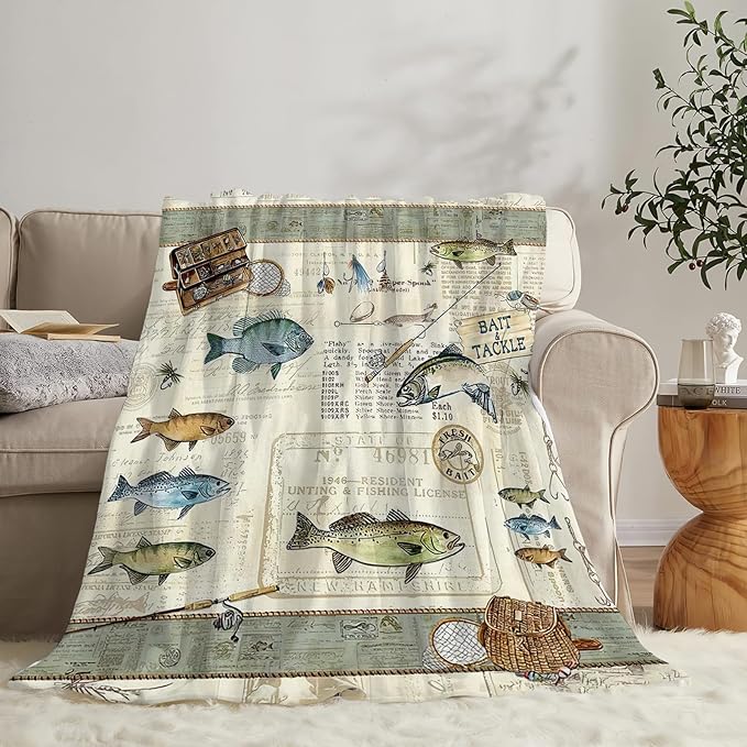 Tijuboni Fishing Throw Blanket Cabin Fishing Gifts for Men Boys Women Girls Adults Kids Soft Flannel Fleece Blanket for Couch Sofa Bed Home Decor 50"x60"