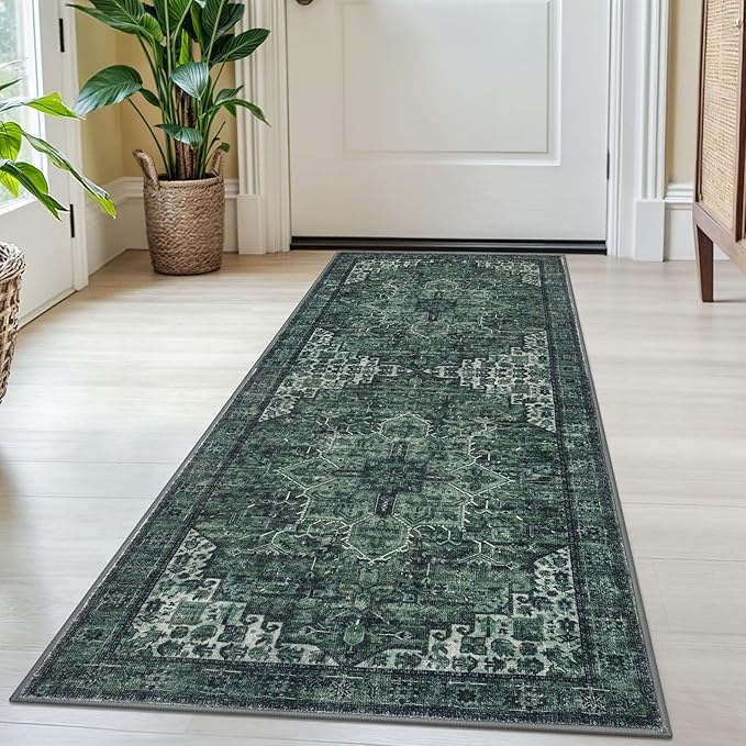 2x5 Runner Rug for Hallways, Dark Green Non-Slip Printed Washable Kitchen Runners, Vintage Boho Rugs with Non-Shedding, Soft Medallion Floor Carpet for Laundry Bedroom Entryway