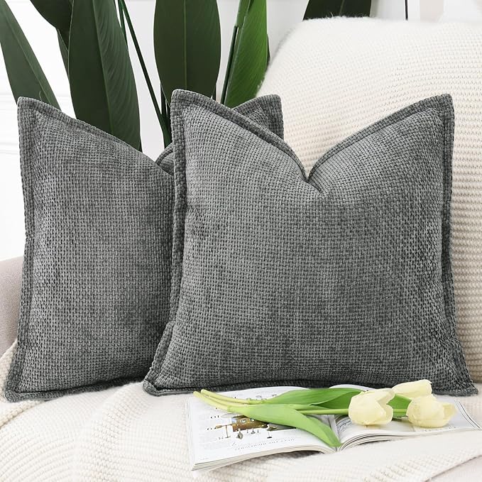MADIZZ Chenille Velvet Throw Pillow Covers with Flange Set of 2 Super Soft Boho Textured Pillow Covers Decorative Throw Pillowcases Modern Farmhouse Home Decor for Sofa Bedroom Dark Grey 20x20 Inch