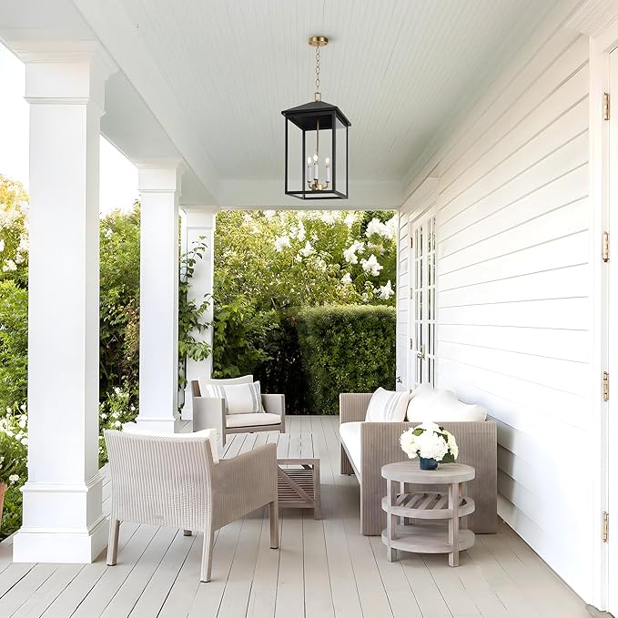 LamQee 21.2'' Large Outdoor Pendant Light Fixtures, 3-Light Modern Black Exterior Ceiling Hanging Lantern with Gold and White Candle, Outside Chandelier Lighting for Front Porch Entryway Patio Gazebo