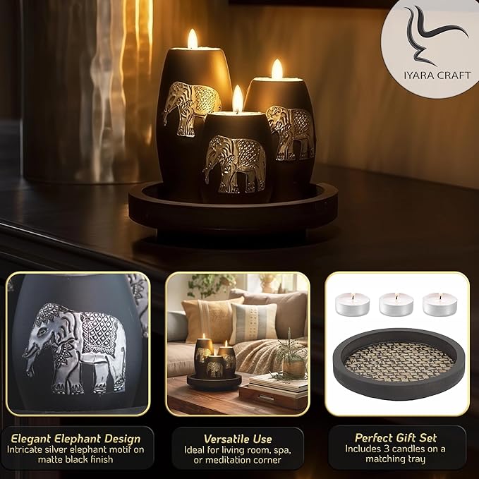 IYARA CRAFT Elephant Candle Holder Set – 3 Handmade Wood Tealight Holders with Tray, Rustic Black Home Décor, Cozy Holiday Centerpiece & Thoughtful for Women, Mom, Housewarming