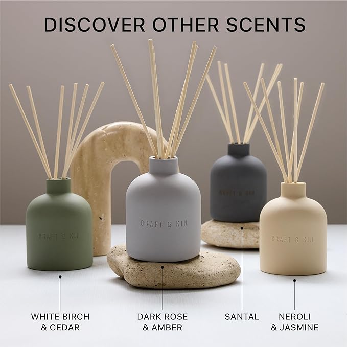 Craft & Kin Christmas Reed Diffuser for Home & Bathroom – Neroli & Jasmine Holiday Reed Diffuser Set with Fragrance Sticks, Long-Lasting Alcohol-Free Winter Scent, Earthenware Collection, 6.7oz