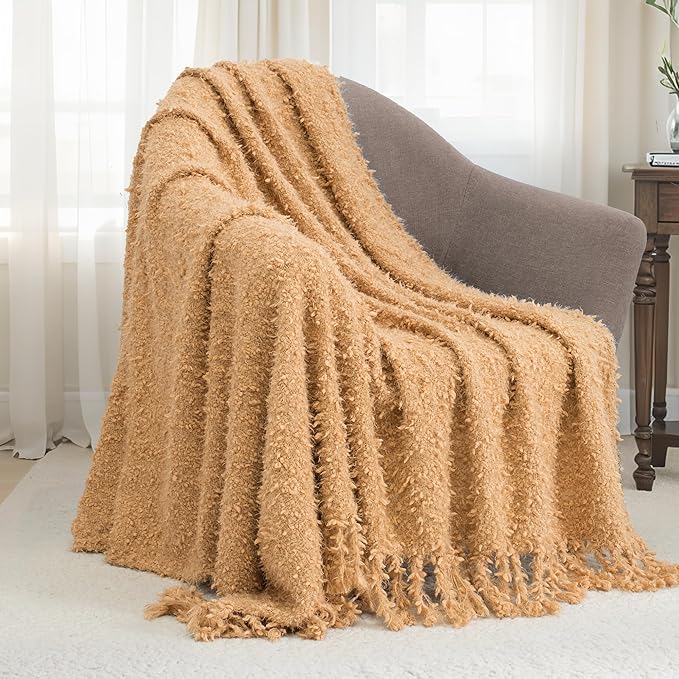 Winter Knit Throw Blanket Fluffy Fuzzy Soft Lightweight Cozy Farmhouse Tassels Chunky Knitted Throws for Couch Sofa Bed (Camel, 60"x80")