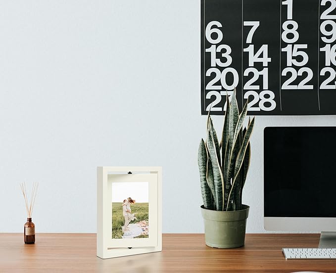 4x6 Double-Sided Rotating Floating Picture Frames (2 Pack, White), Solid Pine Wood with Real Glass for Horizontal Vertical Standing Display Desk Tabletop Photo Frames