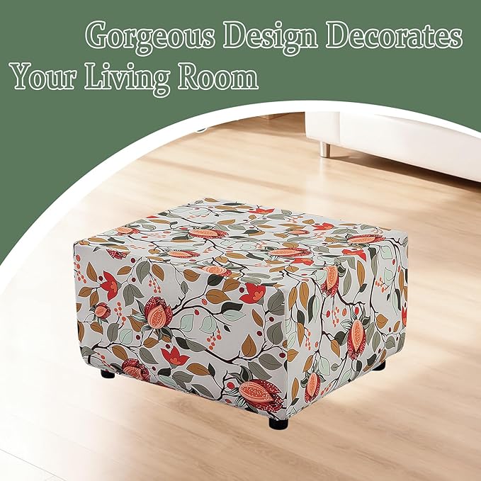 HAOYONG Ottoman Cover Square, Stretch Ottoman Slipcover Printed, SoftFoot Stool Cover Protector with Nonslip Elastic Bottom Removable Washable