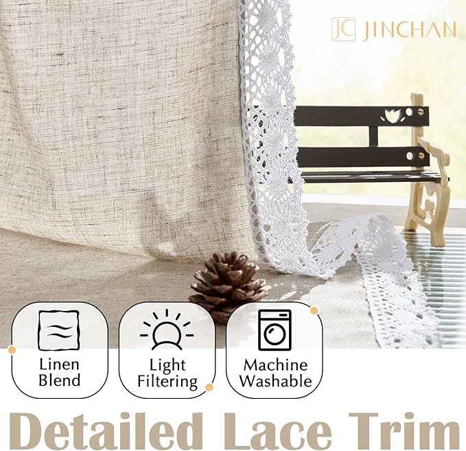 jinchan Linen Curtains for Living Room Bedroom Light Filtering Semi Sheer Curtains Boho Farmhouse French Country Cottage Core Decor Window Drapes Back Tab 84 Inch Length Laced Taupe