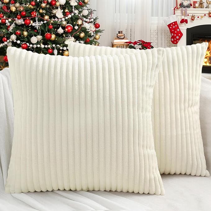 Simmore Decorative Christmas Throw Pillow Covers 20x20 Set of 2, Soft Natural Plush Flannel Double-Sided Fluffy Couch Pillow Covers for Sofa Living Room, Cream White