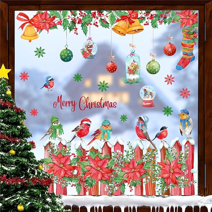 Christmas Window Clings Christmas Window Decoration Stickers Indoor Double Sided Winter Glass Decals Xams Wall Decor Sticker Hanging Flowers Bird Decal for New Year Party Living Room Holiday Supplies