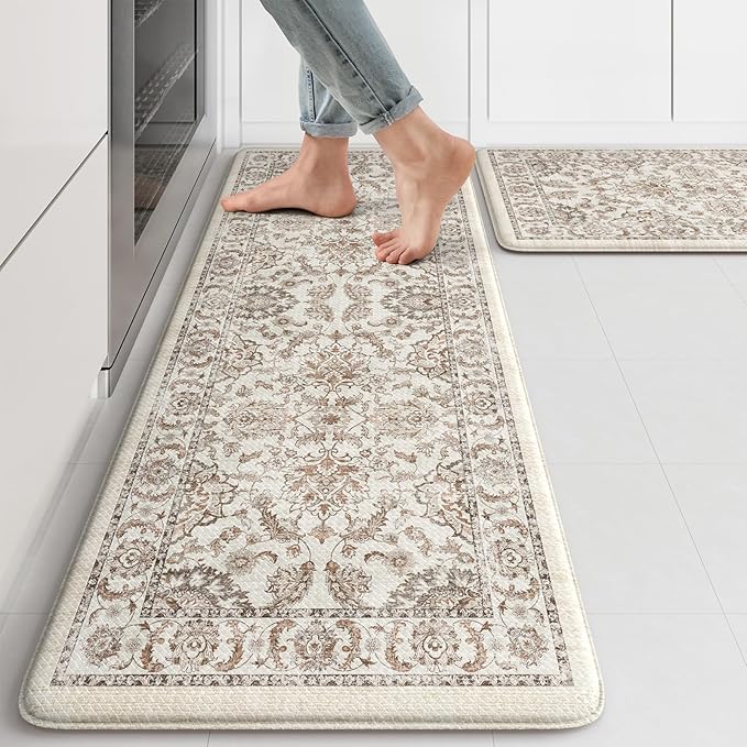 KIMODE Anti Fatigue Mats for Kitchen Floor,Kitchen Rugs Sets of 2 Non Slip,Padded Cushioned Kitchen Floor Mats,Memory Foam Kitchen Mat for Sink Laundry Office Desk,17"x29.5"+17" x47”,Khaki