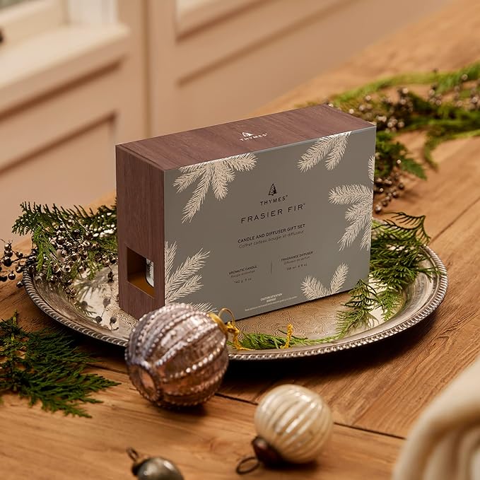 Thymes Frasier Fir Statement Candle and Diffuser Gift Set - Holiday Home Decor - Notes of Siberian Fir, Cedarwood, and Sandalwood - Silver (4 fl oz Petite Diffuser + 5 oz Candle)
