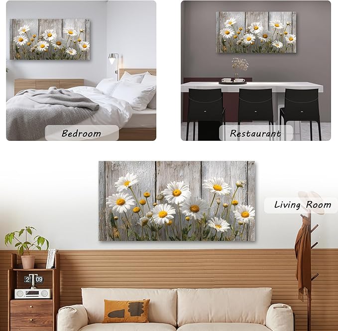 KZKU Rustic Daisy Canvas Wall Art-White Flowers on Weathered Wood Background- Large Modern Farmhouse Decor for Living Room Bedroom 20X40in