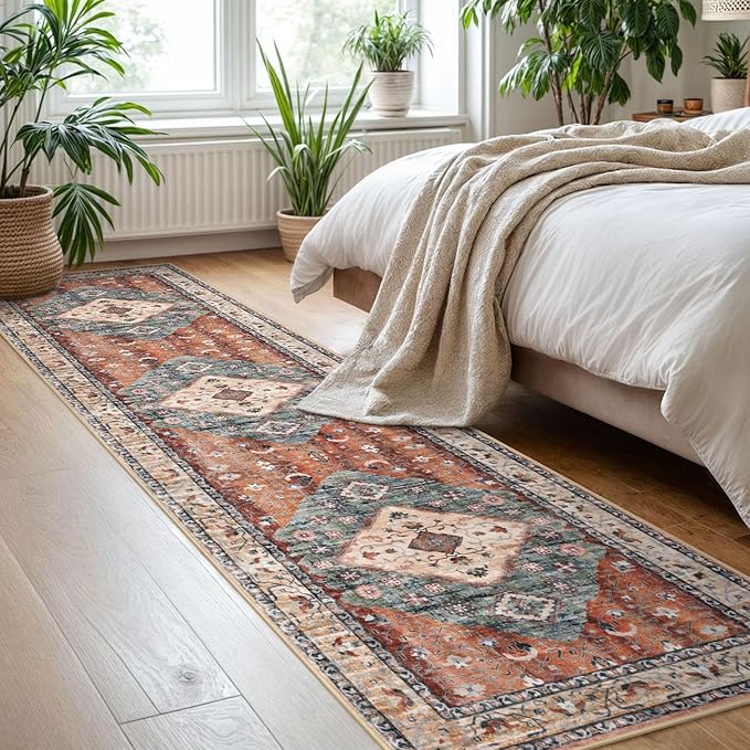 KOZYFLY Runners for Hallways 2x8 Ft Washable Kitchen Runner Rug Boho Runner Rug for Entryway Indoor Rust/Orange/Blue Printed Oriental Faux Wool Floor Carpet Runner for Bedroom Kitchen Hall