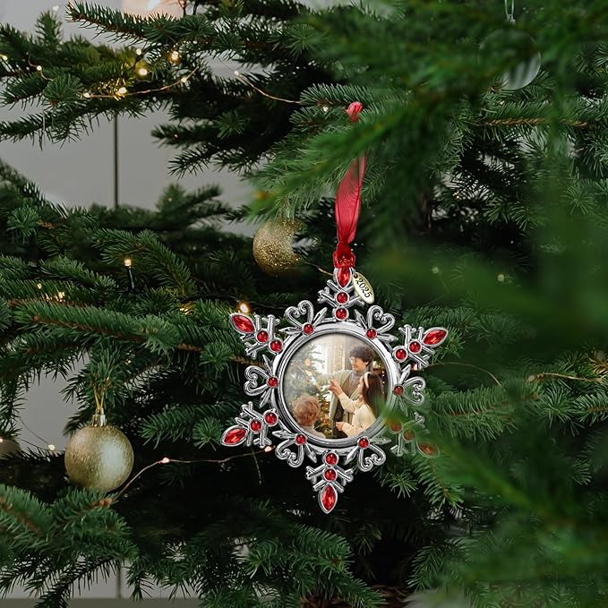 2025 Snowflake Picture Frame Christmas Ornaments 2" Metal Hanging Pendant for Tree Small Decorative Keepsake, Display Photo for Baby and Pet (Red (2025))