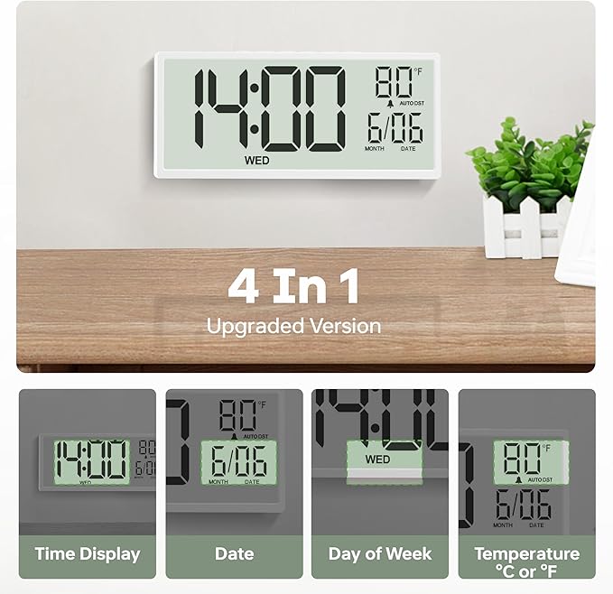 JALL 14.5" Large Digital Wall Clock Battery Operated with Big Digits LCD Screen Display, Day, Date, Alarm, Auto DST, Temperature for Living Room, Bedroom, Desk Decor, Mounted, Gift for Elderly
