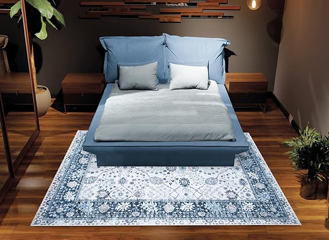 Bloom Rugs Caria Washable Non-Slip 9x12 Rug - Navy Blue Traditional Bordered Area Rug for Living Room, Bedroom, Dining Room, and Kitchen - Exact Size: 9' x 12'