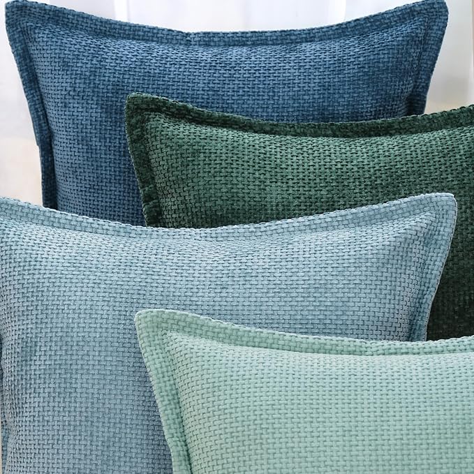 MADIZZ Chenille Velvet Throw Pillow Covers with Flange Set of 2 Super Soft Boho Textured Pillow Covers Decorative Throw Pillowcases Modern Farmhouse Home Decor for Sofa Bedroom Aqua Green 12x20 Inch