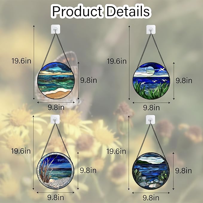 Stained Glass Window Hanging 4 Pcs Set Navy Blue Ocean Landscape 9.8" - Suncatcher Door Garden Sun Catcher Decor Birthday Mother's Day for Mom Woman Nana Girl Boy Friend