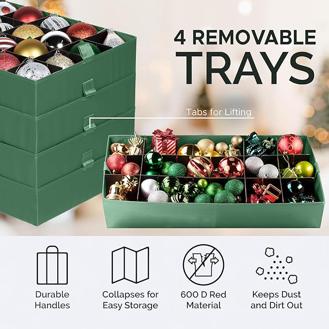 Christmas Ornament Storage Container,Box Stores Up to 96-4 inch ornaments, Adjustable Dividers, Large Organizer Bin to Protect and Store Holiday Décor - Green