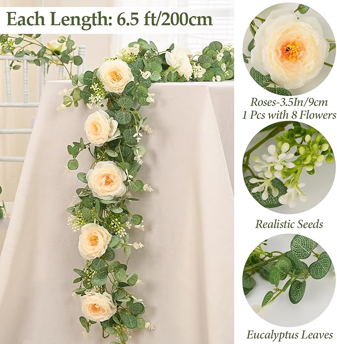 Dolicer 2Pcs 13Ft Artificial Eucalyptus Garlands with Flowers, Faux Floral Greenery Garlands Fake Flowers Vines for Wedding Centerpieces Arch Party Ceremony Backdrop Decor (Champagne)