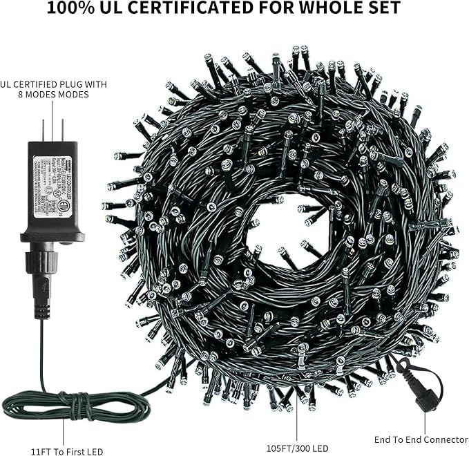 XTF2015 Christmas String Lights, 105ft 300 LED Christmas Lights 8 Modes Memory Function & Timer- UL Certified - Outdoor Indoor Christma s Fairy Lights for Tree, Garden, Party, Wedding(Blue + White)