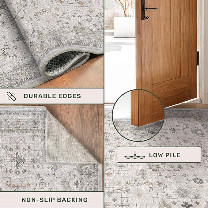 Boho Light Grey 5x7 Living Room Rug - Modern Vintage Eclectic Floral Pastel Neutral Taupe, Washable Low Pile Non-Slip Large Area Rugs for Nursery Dining Under Table Bedroom Lounge