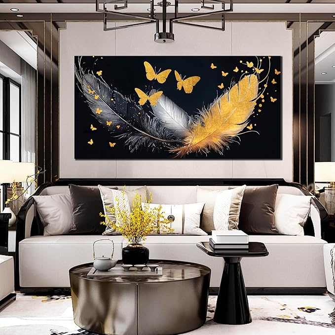 SIXTTART Feather Canvas Wall Art for Living Room - Butterfly Pictures Wall Art for Bedroom - Black White and Gold Wall Art for Office Size 29" x 59"