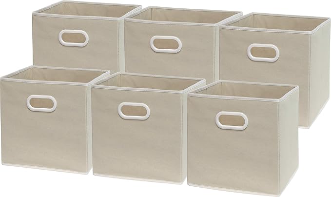 Simple Houseware Foldable Cube Storage Bins with Handles, 11-Inch, Beige, 6-Pack, Fabric Cubes Organizer for Closet or Shelves