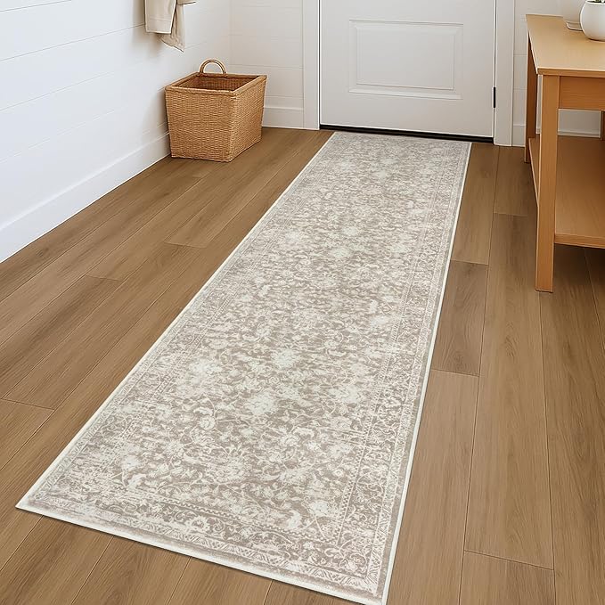 KILOCOCO Hallway Runner 2x7 Rug Runner Printed Vintage Floral Washable Kitchen Runners Non-Slip Rubber Backed Runners for Hallways Laundry Room Distressed Boho Rugs for Entryway Bedroom, Beige