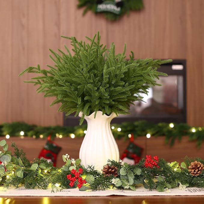 joyhalo 12 Pcs Norfolk Pine Stems, 18" Artificial Christmas Pine Branches Faux Greenery Stem Real Touch Cedar Stems for Vases, Christmas Trees and Outdoor Home Decor