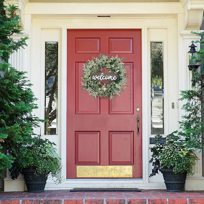 Sggvecsy Green Eucalyptus Leaf Wreath with Welcome Sign 20in Artificial Eucalyptus Wreath Spring Summer Wreath for Front Door Wall Window Farmhouse Festival Porch Patio Garden Decor
