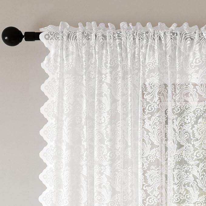 Pure White Lace Sheer Curtains – Vintage Floral Lace for Living Room/Bedroom, Light Filtering Rod Pocket Window Drapes Privacy Chic Window Treatments, 52W x 108L Inch, 2-Panel Set
