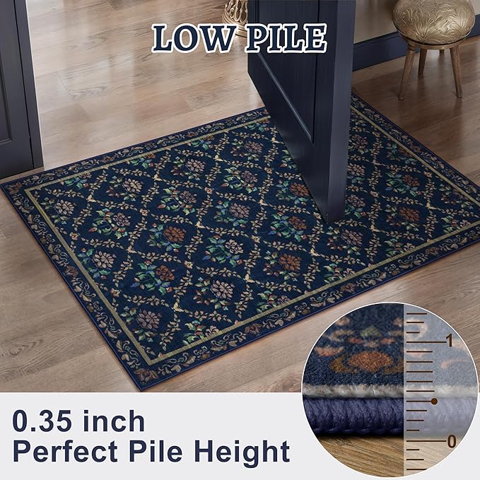 Tangsoo 2x6 Washable Runner Rug for Hallways, Non Slip Moroccan Trellis Blue Floral Carpet Runner, Soft Low Pile Floor Carpet Runner for Kitchen, Laundry, Bedroom, Bathroom, Living Room Home Decor