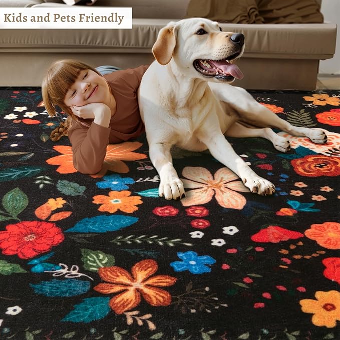 Tangsoo Runner Rug for Hallways Kitchen Rug, Non Slip 2x6 Washable Boho Floral Rug Runner for Entryway, Low Pile Carpet Door Mat Indoor Entrance for Kids Room Bedroom Laundry Office Bathroom(Black)