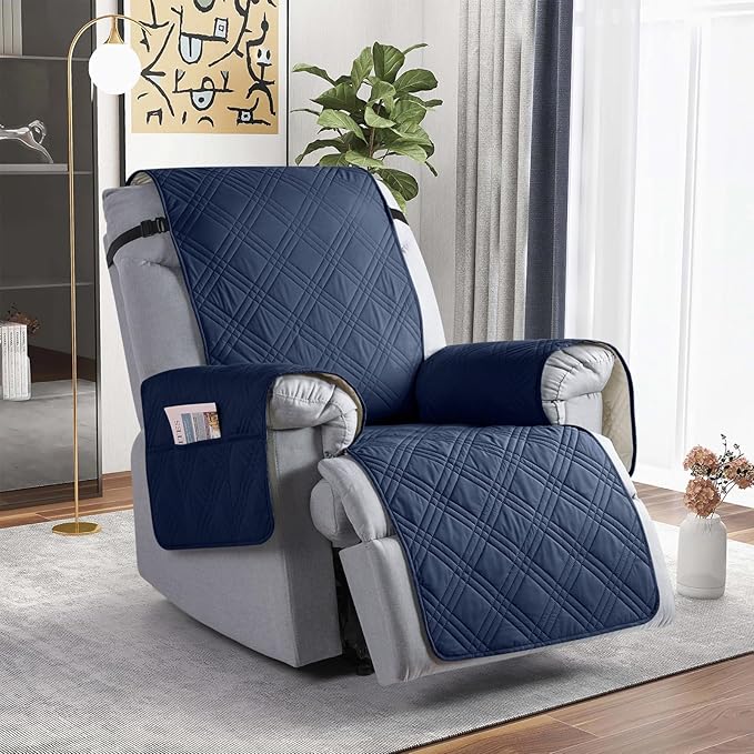 TAOCOCO 100% Waterproof Recliner Chair Cover, Small Recliner Covers for Recliner Chair with Pocket, Non Slip Reclining Chair Cover Furniture Protector for Kids, Pets(20'', Navy Blue)