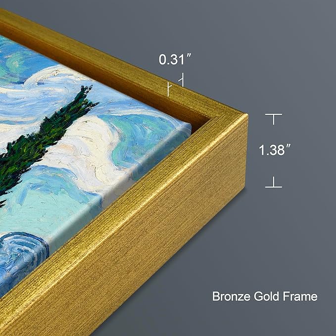 Wieco Art Framed Wall Art of Wheat Field with Cypresses by Vincent Van Gogh Paintings Reproduction Abstract Canvas Prints for Home Living Room Decorations Bronze Gold Frame