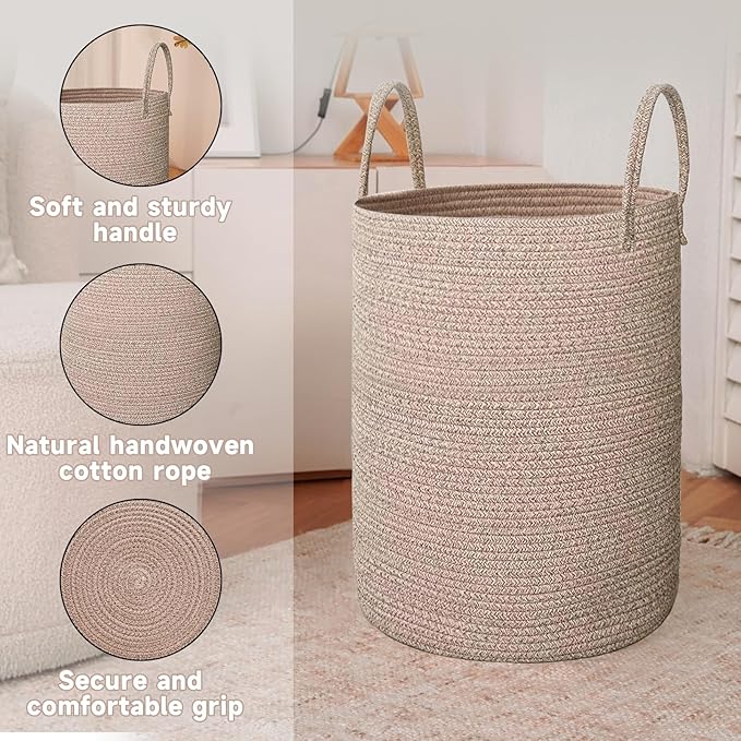Large Woven Laundry Basket Hamper,100L Cotton Rope Storage Bin for Blankets,Toys and Clothes,Decorative Tall Nursery Hamper for Living Room,Baby Nursery,Bathroom and Bedroom,Oatmeal