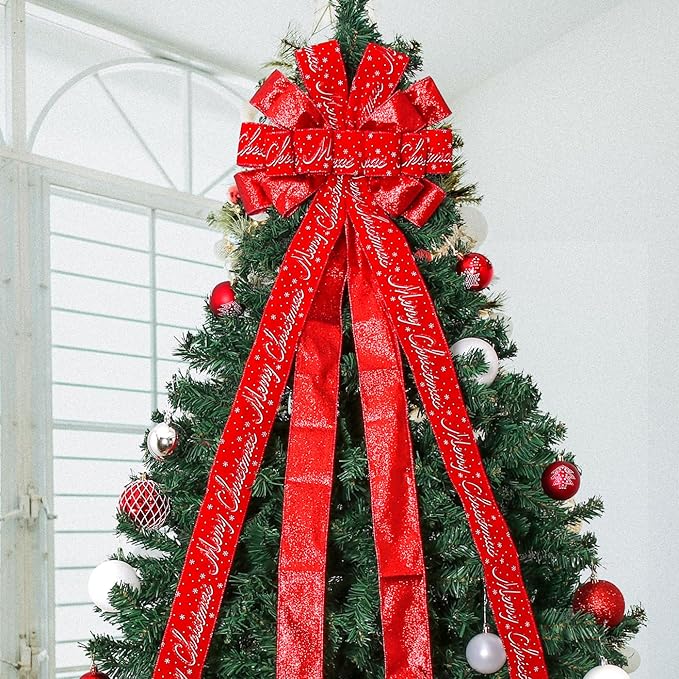 Christmas Tree Topper Christmas Wreath Bow, 52 * 13 inches Tree Toppers Bow with Letter Patterned Ribbon for Xmas Tree Christmas Rustic Farmhouse Home Holiday Party Decorations Red