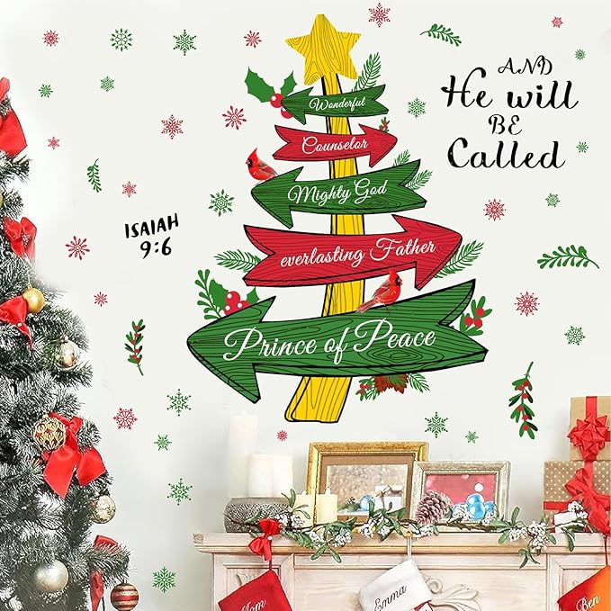 Christmas Wall Stickers Inspirational Xmas Quotes Wall Decals Peel and Stick Jesus Christmas Tree Stickers for Wall Decoration Snowflake Holiday Wall Art Decals for Living Room New Year Party Supplies