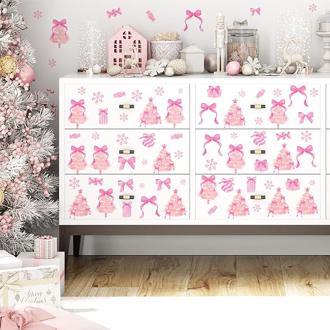 Pink Christmas Wall Stickers Xmas Tree Wall Decals Peel and Stick Bow Sticker for Walls Decoration Indoor Bowtie Decals for Crafts Snowflakes Coquette Art Murals for Girls Bedroom Living Room Decor