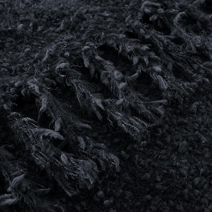 Knit Throw Blanket Fluffy Fuzzy Soft Lightweight Cozy Farmhouse Tassels Chunky Knitted Throws for Couch Sofa Bed (Black, 50"x60")