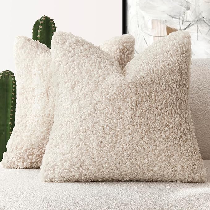 Foindtower 2 Pieces 16x16 Inch Neutral Cream, Faux Fur Throw Pillow Cover Accent Sherpa Pillow Fuzzy Soft Pillowcases Sheepskin Decorative Fleece Cushion Case for Bed Couch Living Room