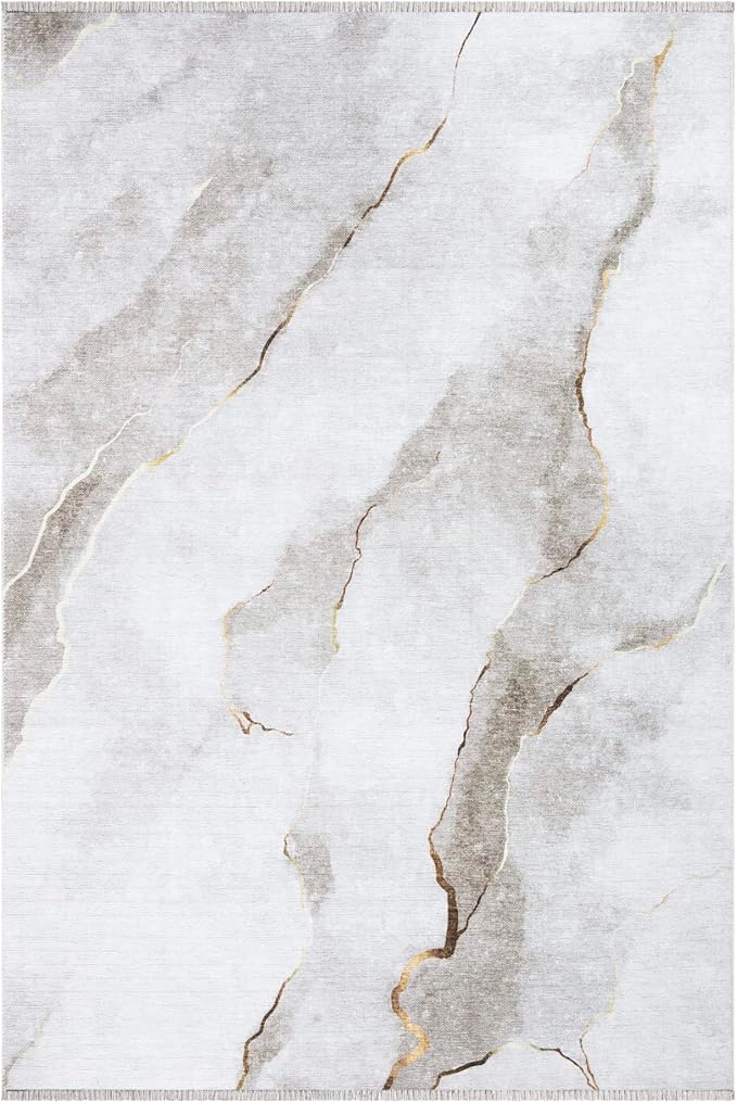 Bloom Rugs Washable Non-Slip 2x3 Rug - Ivory/Gold Modern Abstract Area Rug for Living Room, Bedroom, Dining Room, and Kitchen - Exact Size: 2' x 3'